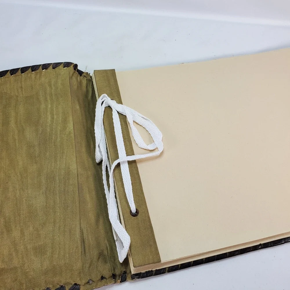 Vintage Tooled Leather Photo Album Brown Embossed Fleur-de-lis Whipstitch Edge